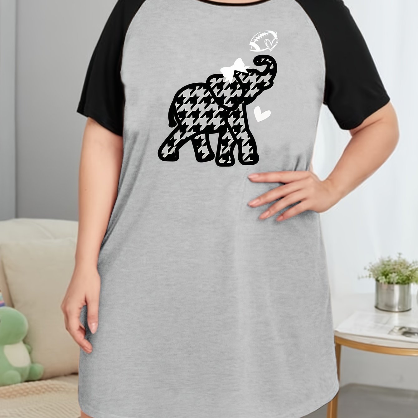  Casual Nightdress Women's Houndstooth Print Raglan Sleeve Tee Sleep