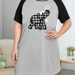  Casual Nightdress Women's Houndstooth Print Raglan Sleeve Tee Sleep
