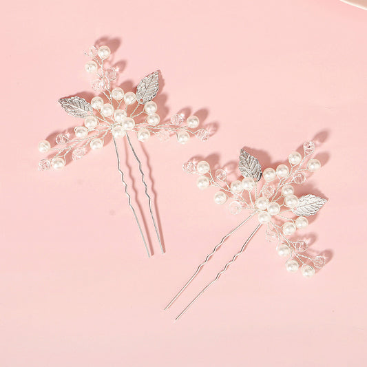 2pcs Silver Pearl Bridal Hair Pins Leaf Hair Accessories