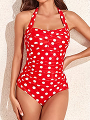Ruched Halter Backless One Piece Swimsuit Solid Bathing Suit Women's Swimwear