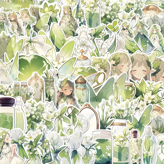 60pcs Green Flower And Elf PVC Cartoon Stickers For Kids Laptop Decoration