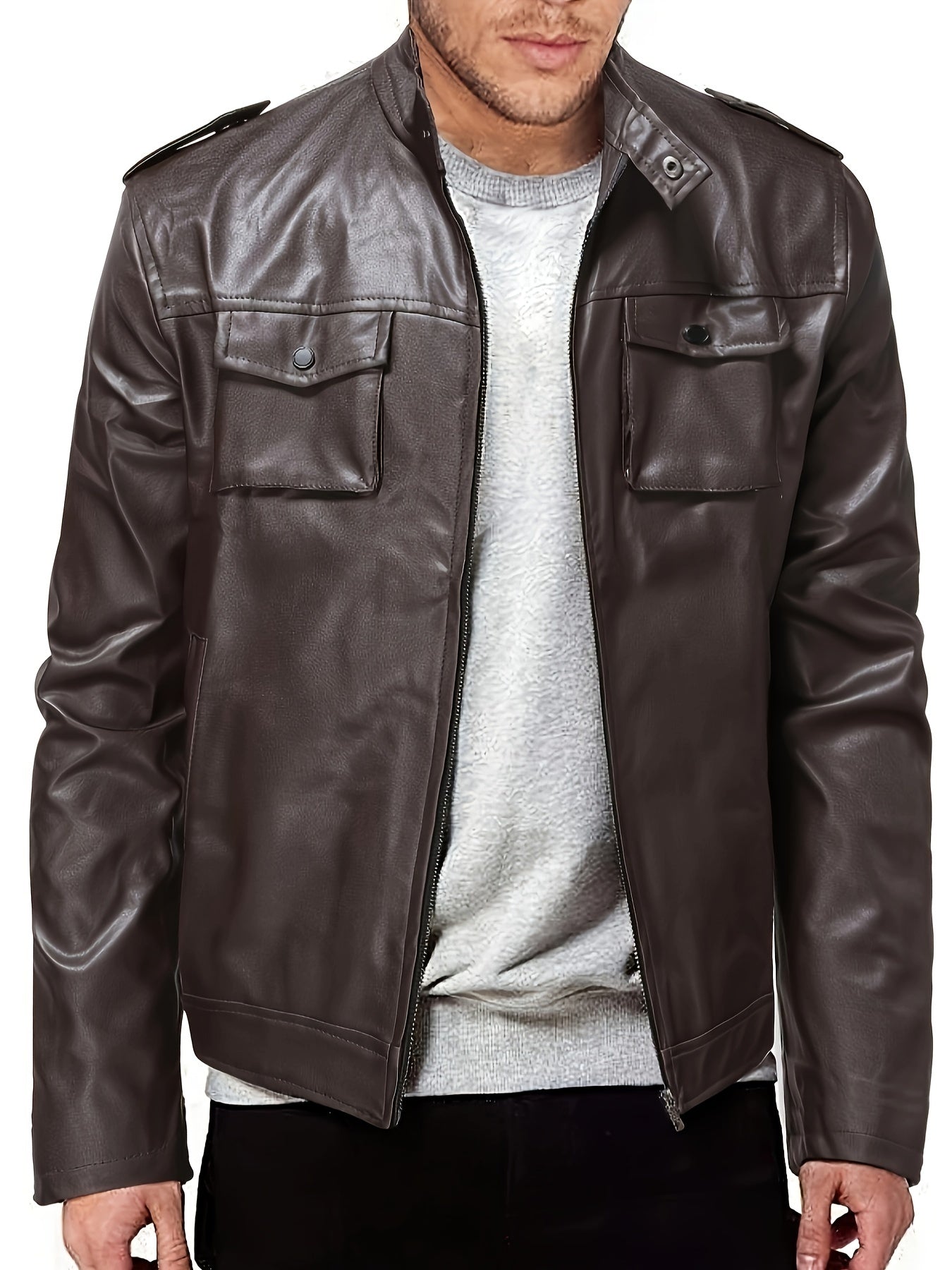 Men's PU Biker Jacket Zip Up Lapel Faux Leather Jacket