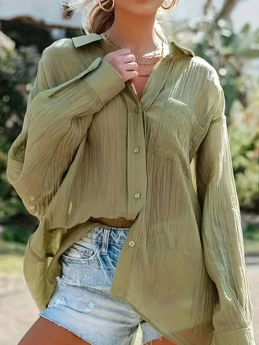  Solid Button Up Long Sleeve Blouse
