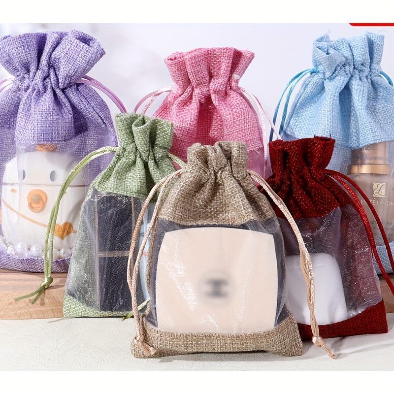 12pcs Makeup Storage Jute Bag Drawstring Gift Bag Single Side Window