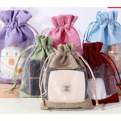 12pcs Makeup Storage Jute Bag Drawstring Gift Bag Single Side Window