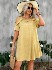  Casual Dress Women's Plus Solid Ruffle Trim Cold Shoulder Mini Dress