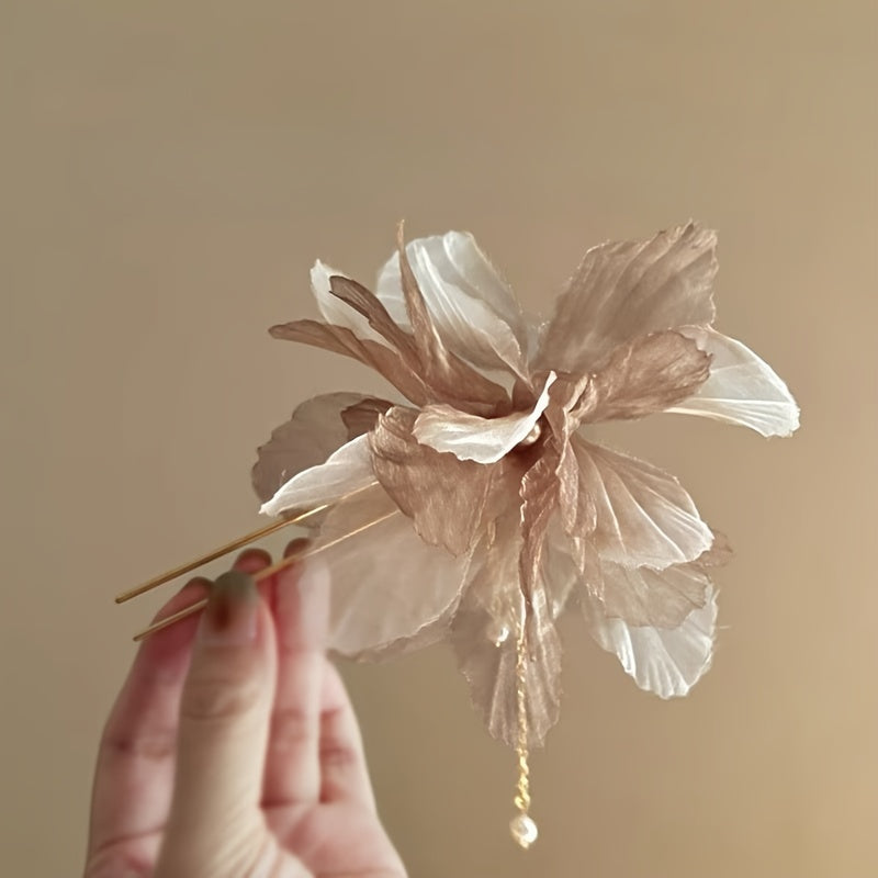 Chiffon Flower Hair Pin w/ Pearl Tassel Chinese Style Hair Clip Prom Accessories