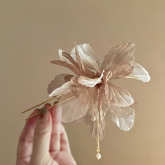 Chiffon Flower Hair Pin w/ Pearl Tassel Chinese Style Hair Clip Prom Accessories