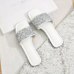 Sequins Flat Slippers Glitter Open Toe Non slip Casual Square Toe Slippers