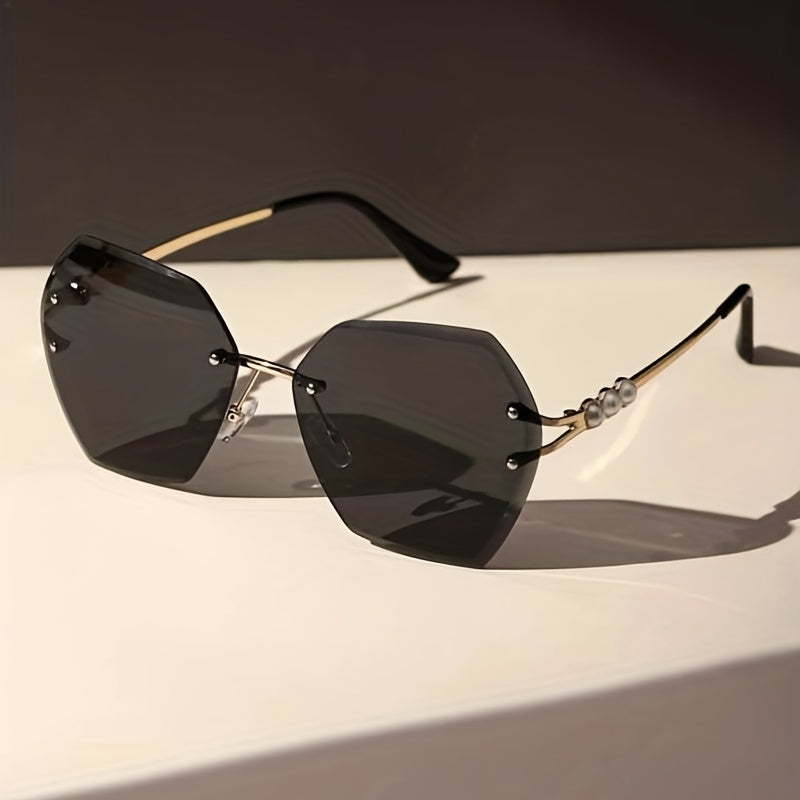 Polygon Sunglasses Women Pearl Rimless UV400 Sun Shades