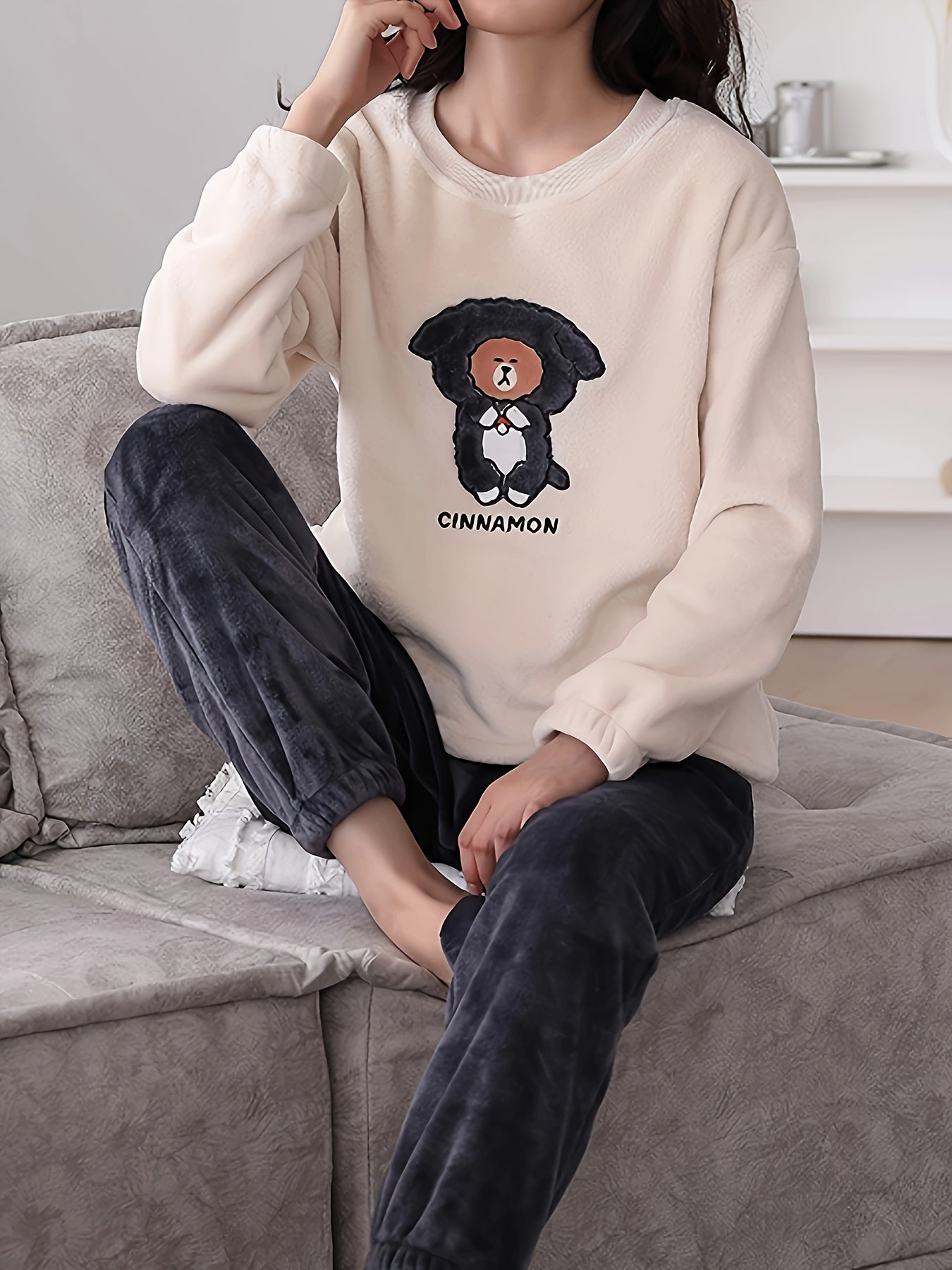 Bear Print Fuzzy Lounge Set Long Sleeve Top & Elastic Waistband Pants