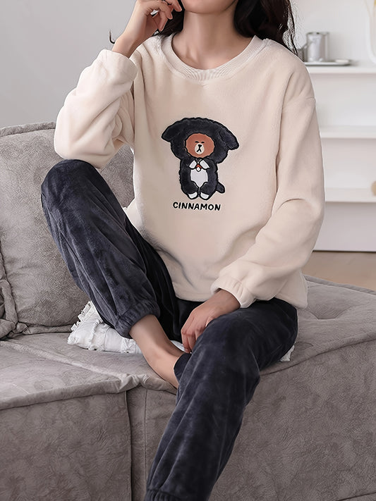 Bear Print Fuzzy Lounge Set Long Sleeve Top & Elastic Waistband Pants