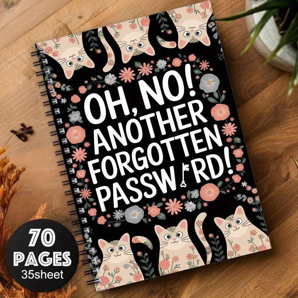 Cat & Floral Password Organizer Notebook 70 Pages Spiral Bound