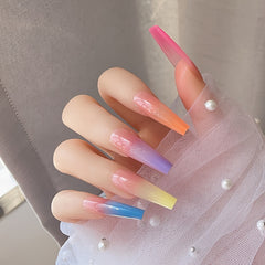 24 Rainbow Gradient Coffin Long Press On Nails Acrylic Ballerina False Nails