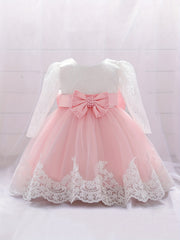Girls Lace Long Sleeve Puffy Princess Dress With Bow
