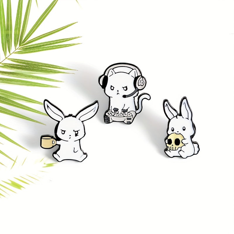 Rabbit Cat Enamel Pins Eating Skull Drink Play Games Cartoon Brooches