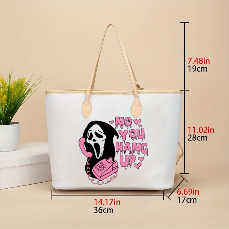 Pink Letter & Ghost Skull Print Tote Bag Lightweight Large Capacity Shoulder Bag