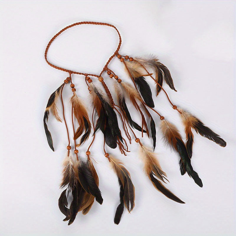 Boho Feather Hair Tie Rope Headband with Beads Tassel