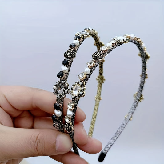Rose Headband Rhinestone Faux Pearl Head Hoop Retro Style Sweet Headdress