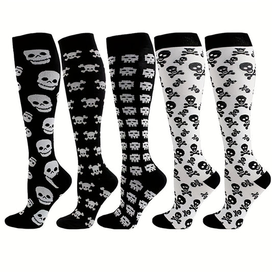 5 Pairs Plus Size Halloween Sports Calf Socks Women's Plus Skull Print