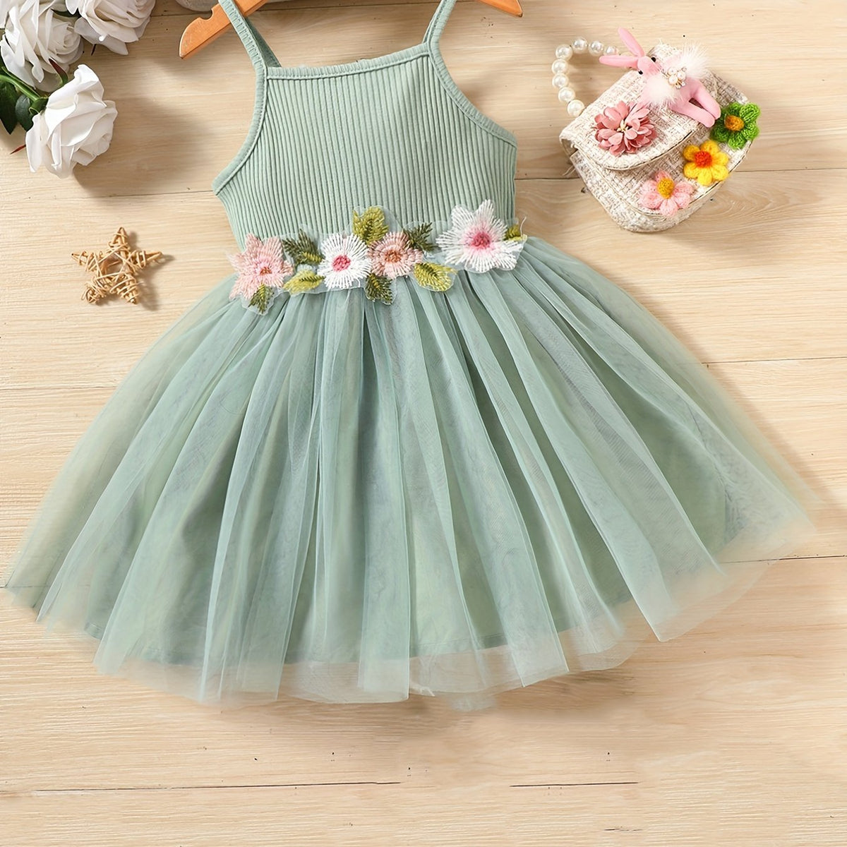 Toddler Girls Floral Embroidered Mesh Princess Cami Dress