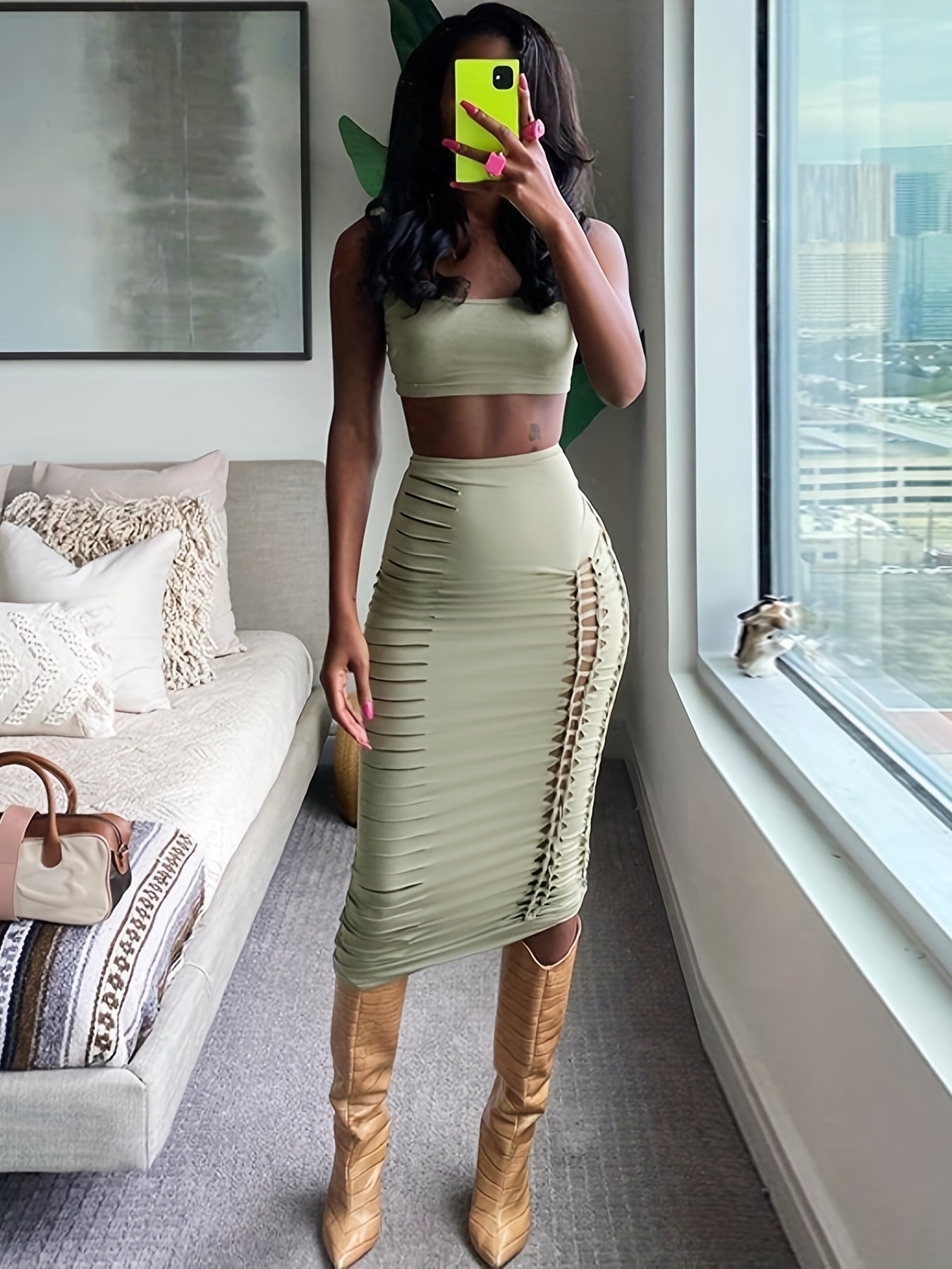 Sexy Solid Slim Two piece Skirt Set Crop Cami Top & Cut Out Skirt