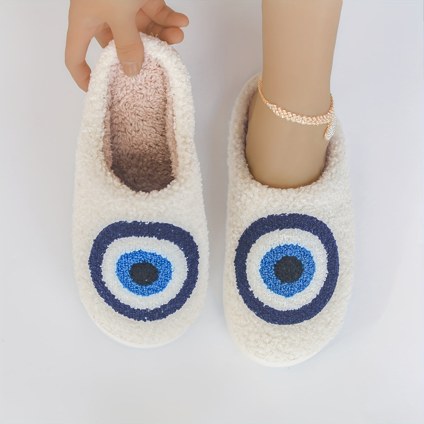 Plush Evil Eye Slippers Warm Fuzzy Indoor Shoes Cozy Bedroom Slippers