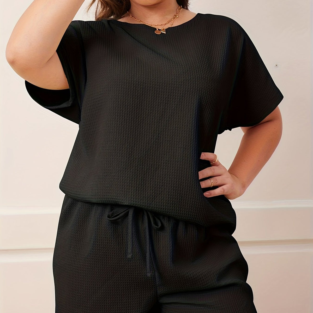 Women's Plus Solid Short Sleeve Top & Tie Shorts Two Piece Set
