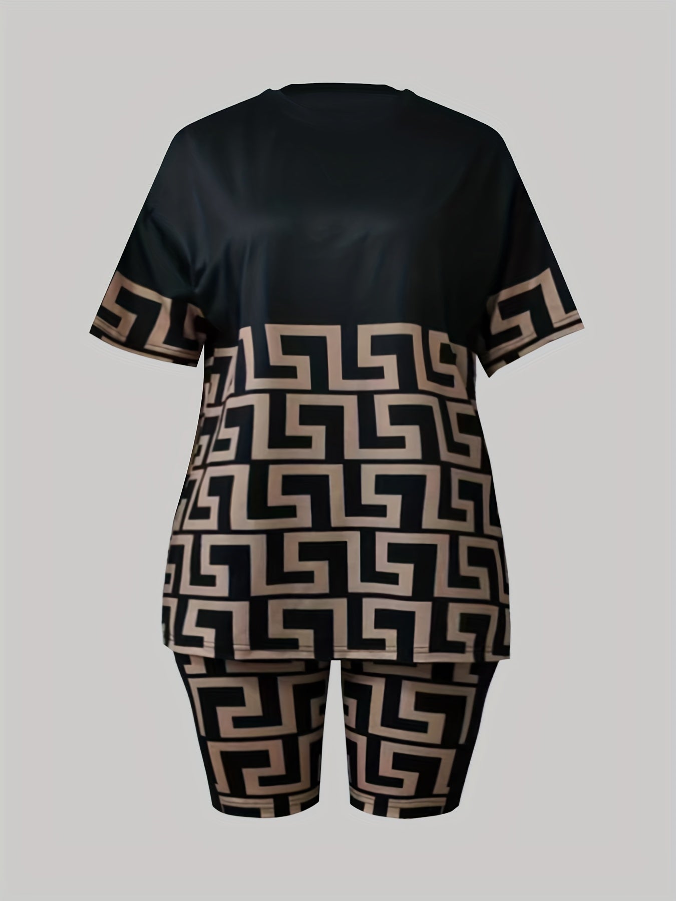 Greek Print Casual Two piece Set Crew Neck Short Sleeve T shirt & Slim Shorts