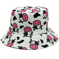 Versatile Sunshade Bucket Hat Cow Cartoon Print Unisex Daily Shopping
