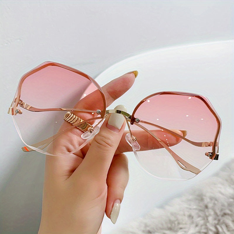 Round Rimless Sunglasses Ombre Lens Metal Temple UV400