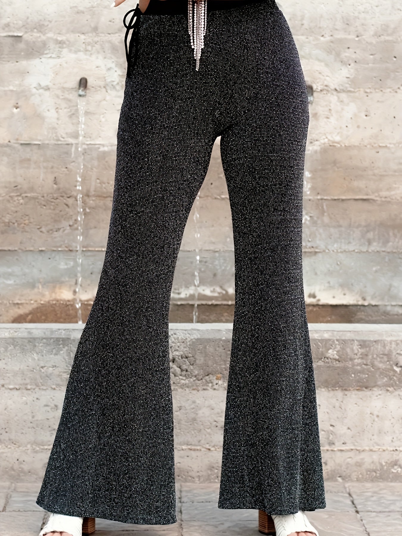  Solid High Rise Flared Leg Trousers