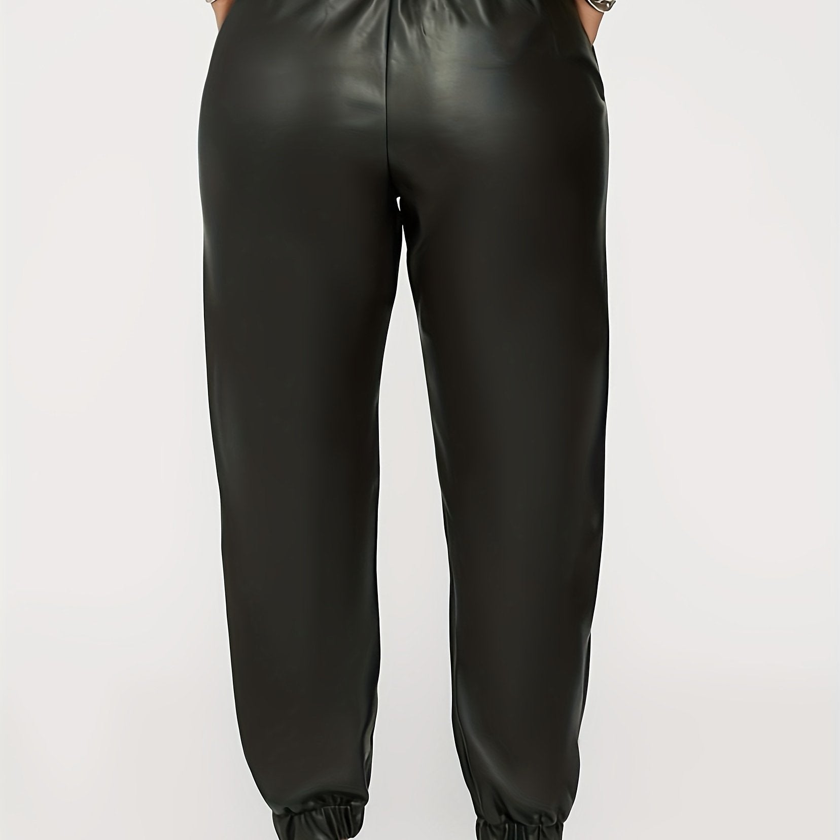 Solid Faux Leather Drawstring Trousers With Pockets