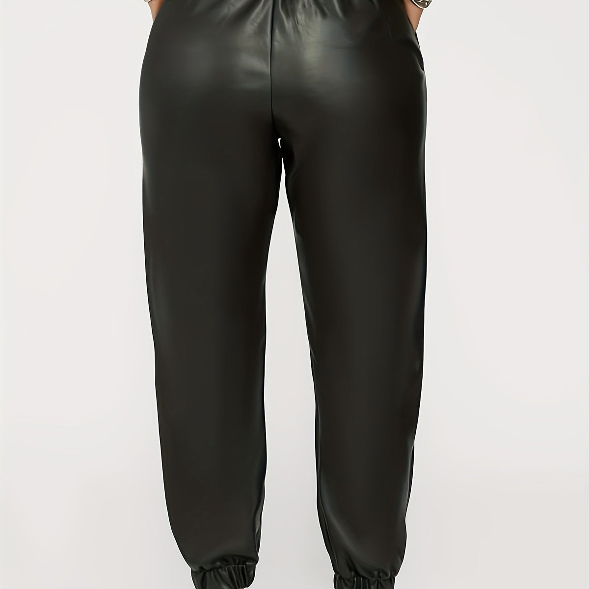  Solid Faux Leather Drawstring Trousers With Pockets