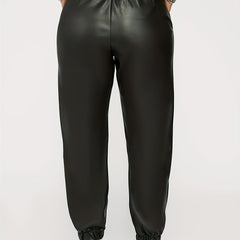  Solid Faux Leather Drawstring Trousers With Pockets