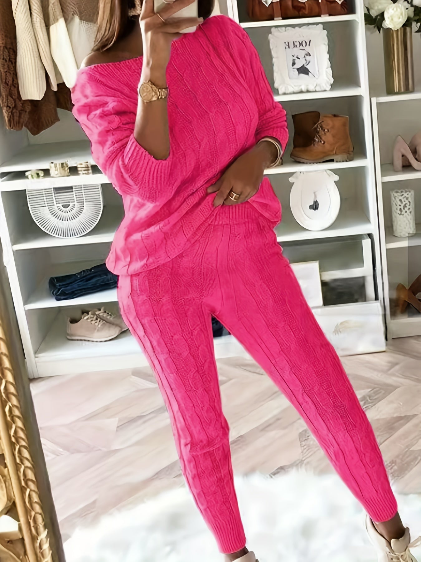  2 Piece Sweater & Pants Set Solid Jacquard Long Sleeve Outfit