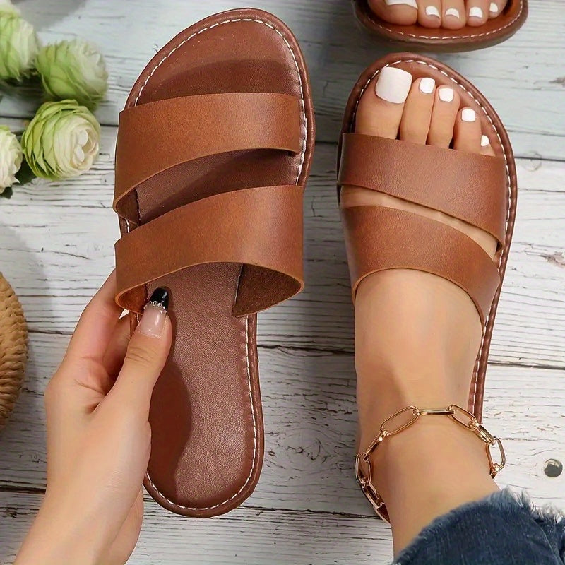 Women's Double Strap Slide Sandals Lightweight Open Toe Slip On Shoes