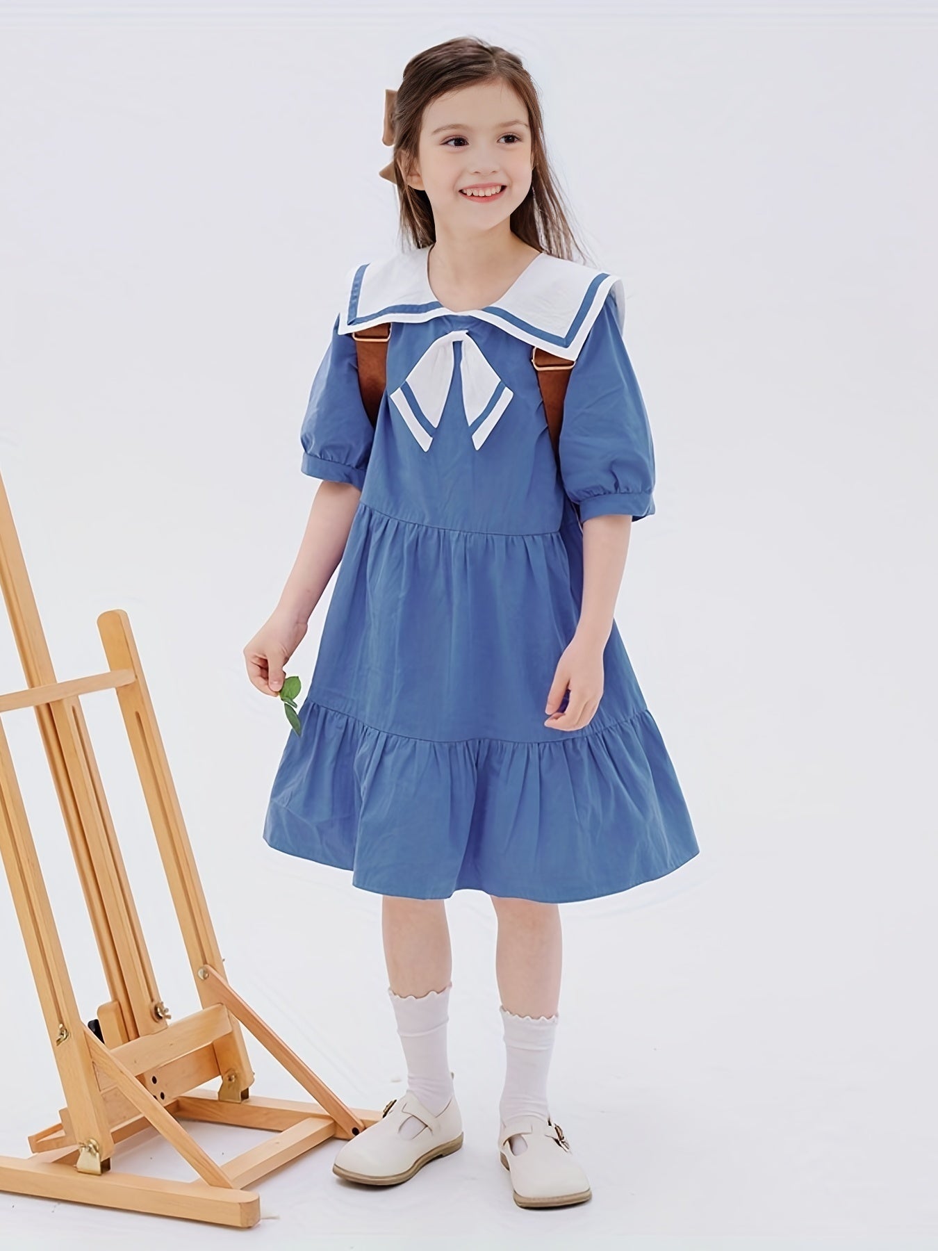 Girl's Navy Princess Dress Cotton Short Sleeve for Summer