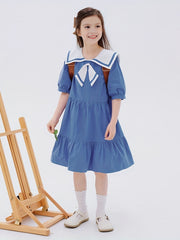 Girl's Navy Princess Dress Cotton Short Sleeve for Summer