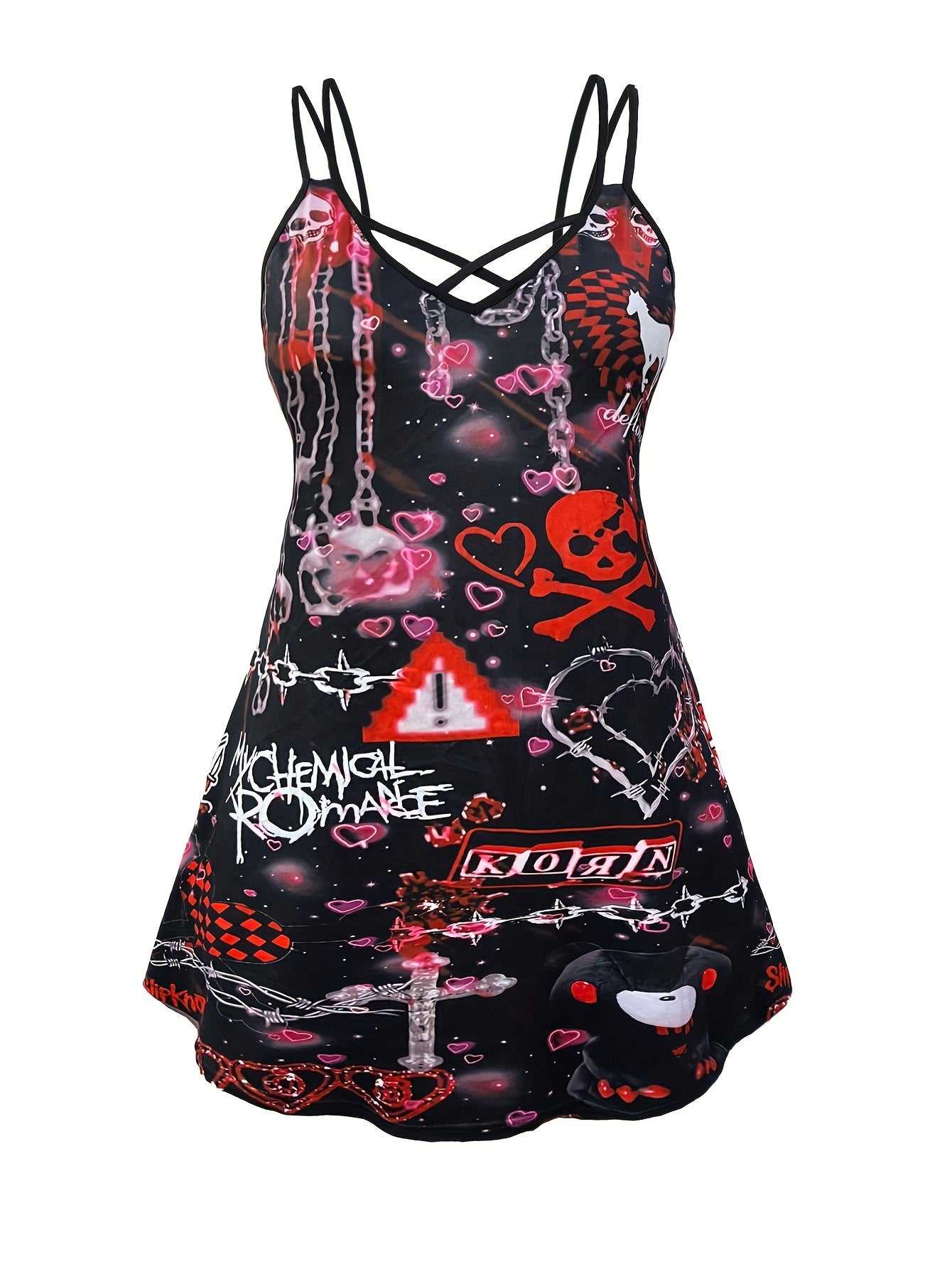  Goth Cami Dress Women's Plus Graphic Print Criss Cross V Neck