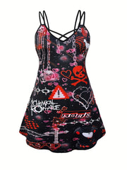  Goth Cami Dress Women's Plus Graphic Print Criss Cross V Neck