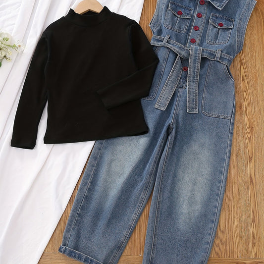 Girl's Denim Jumpsuit & Top Set Button Front Overalls With Belt