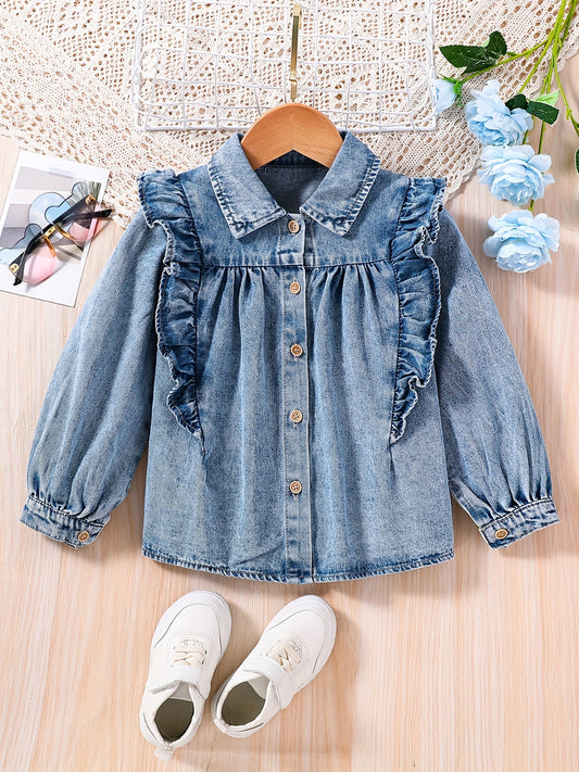 Girls Ruffle Trim Denim Jacket Top for Street Going Out