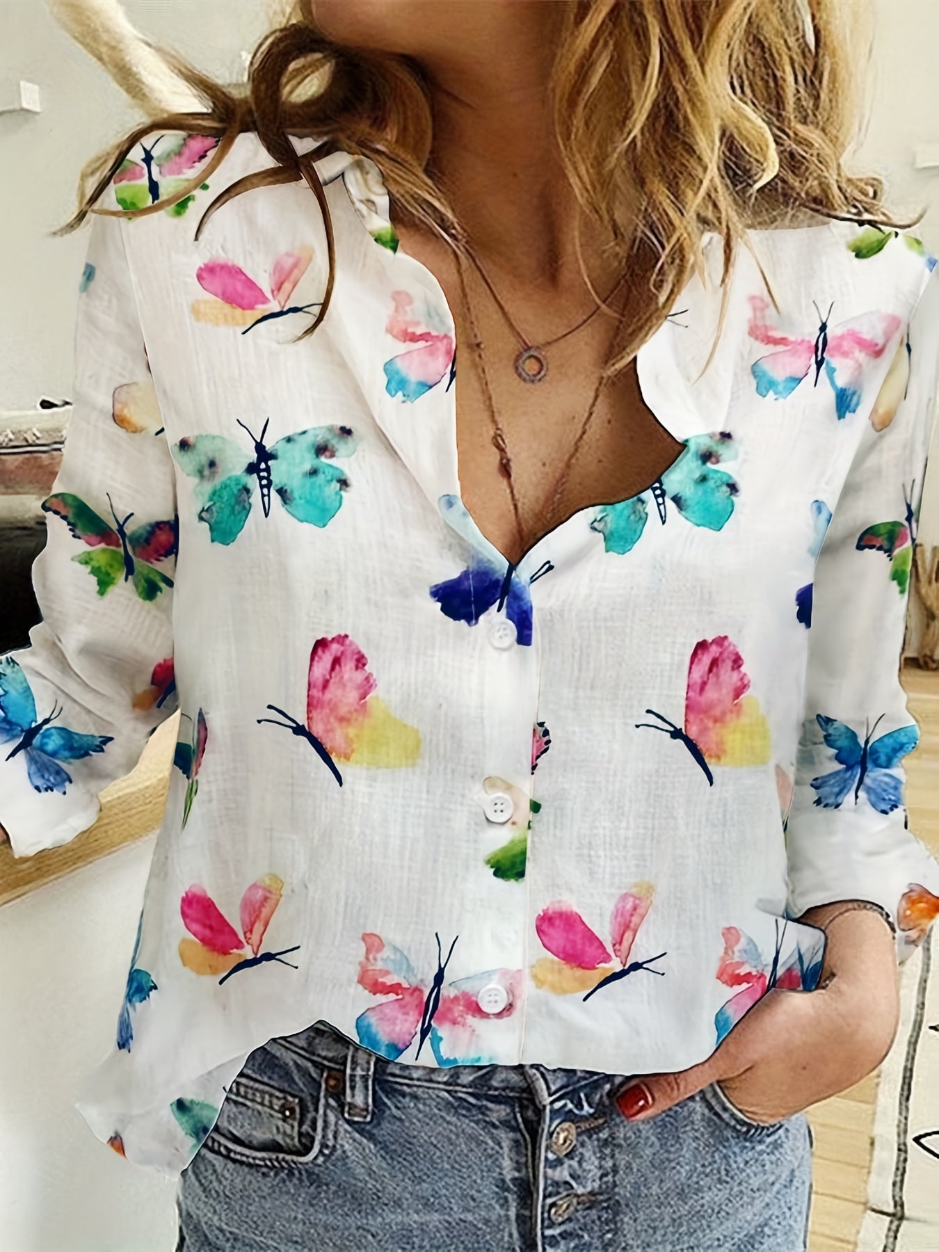  Butterfly Print Button Up Long Sleeve Blouse