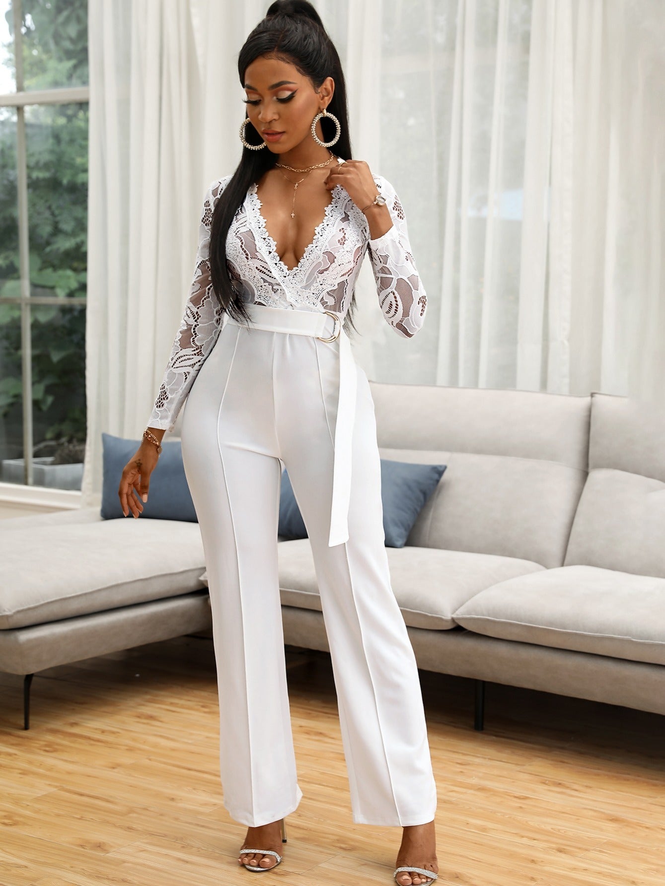 Casual Wide Leg Pants with Lace Panel