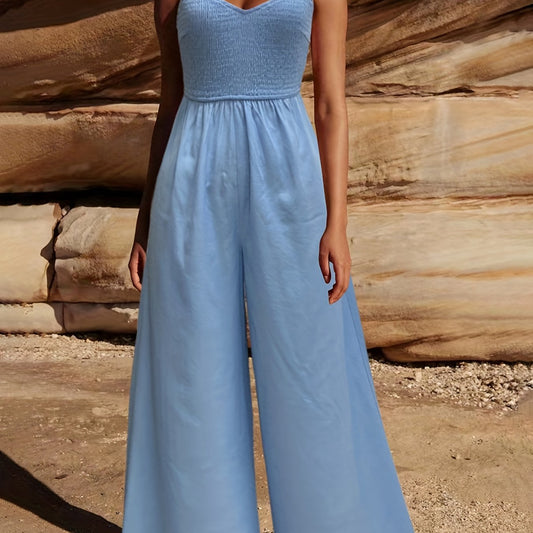 Solid Spaghetti Wide Leg Jumpsuit Backless