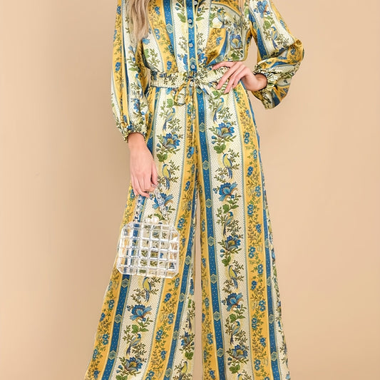  Floral & Geo Print Long Sleeve Button Up Shirt & Drawstring Pants
