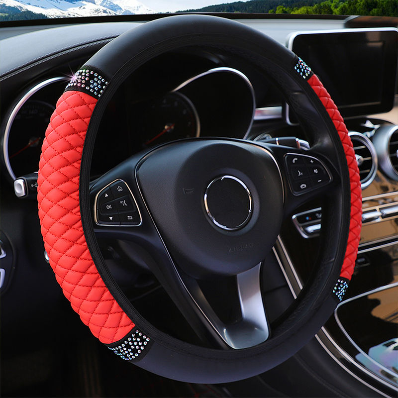 Car PU Leather Steering Wheel Cover with Artificial Diamonds