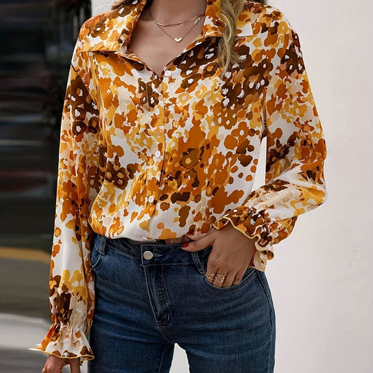  Casual Blouse Lantern Sleeve Turn Down Collar Blouse