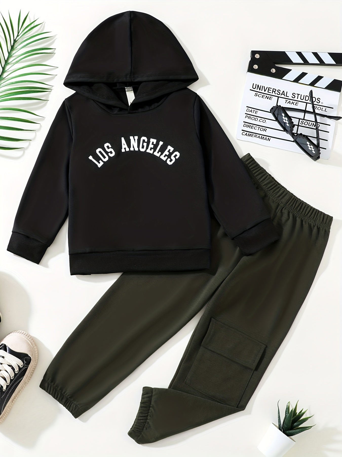 LA Boy's Hoodie & Cargo Pants Set Street Style Outfit